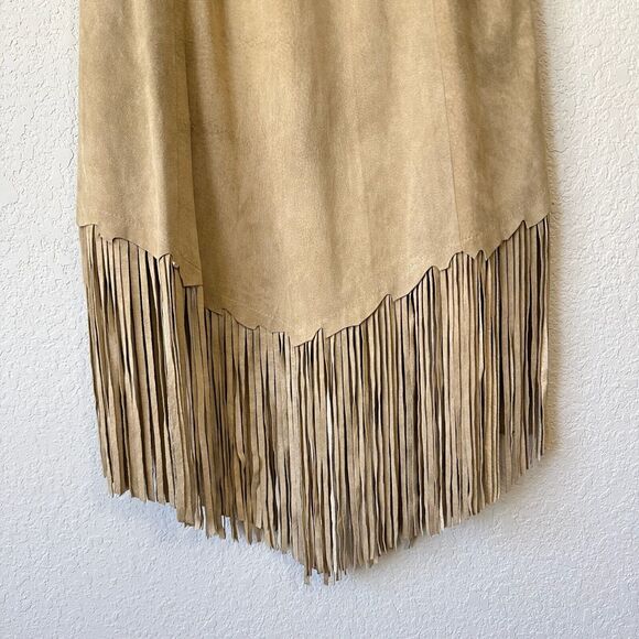 RICKY NELL Skirt Tan Leather Elastic Waist A-Line Fringed Cowgirl NWOT - Picture 4 of 8